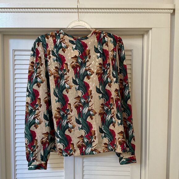 NICOLA Floral Print Blouse Pullover Long Sleeves Silky Beige Green Red, Size 10 - Picture 3 of 11